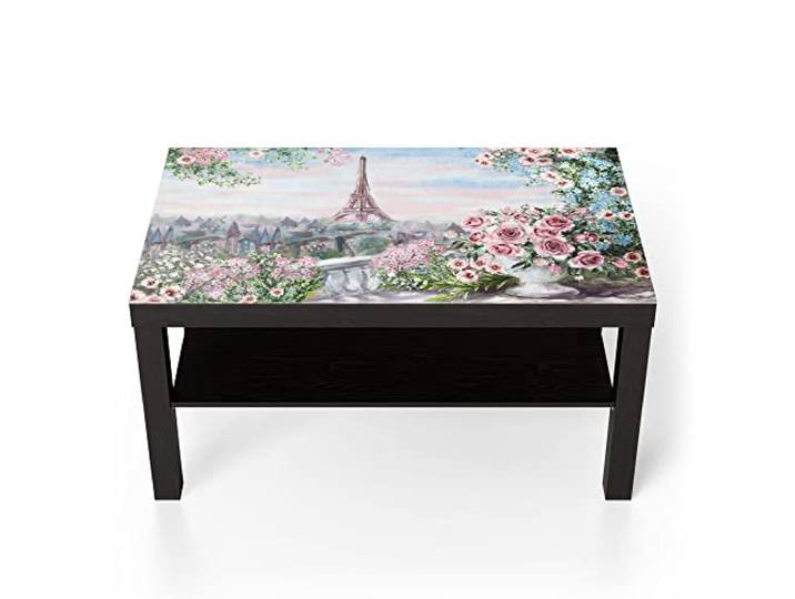 DEQORI Glastisch schwarz groß 90x50 cm Motiv Blumenmeer Paris ausgefallener Beistelltisch aus Glas Hochglanz Couchtisch fürs Wohnzimmer moderner Couch Tisch mit Design