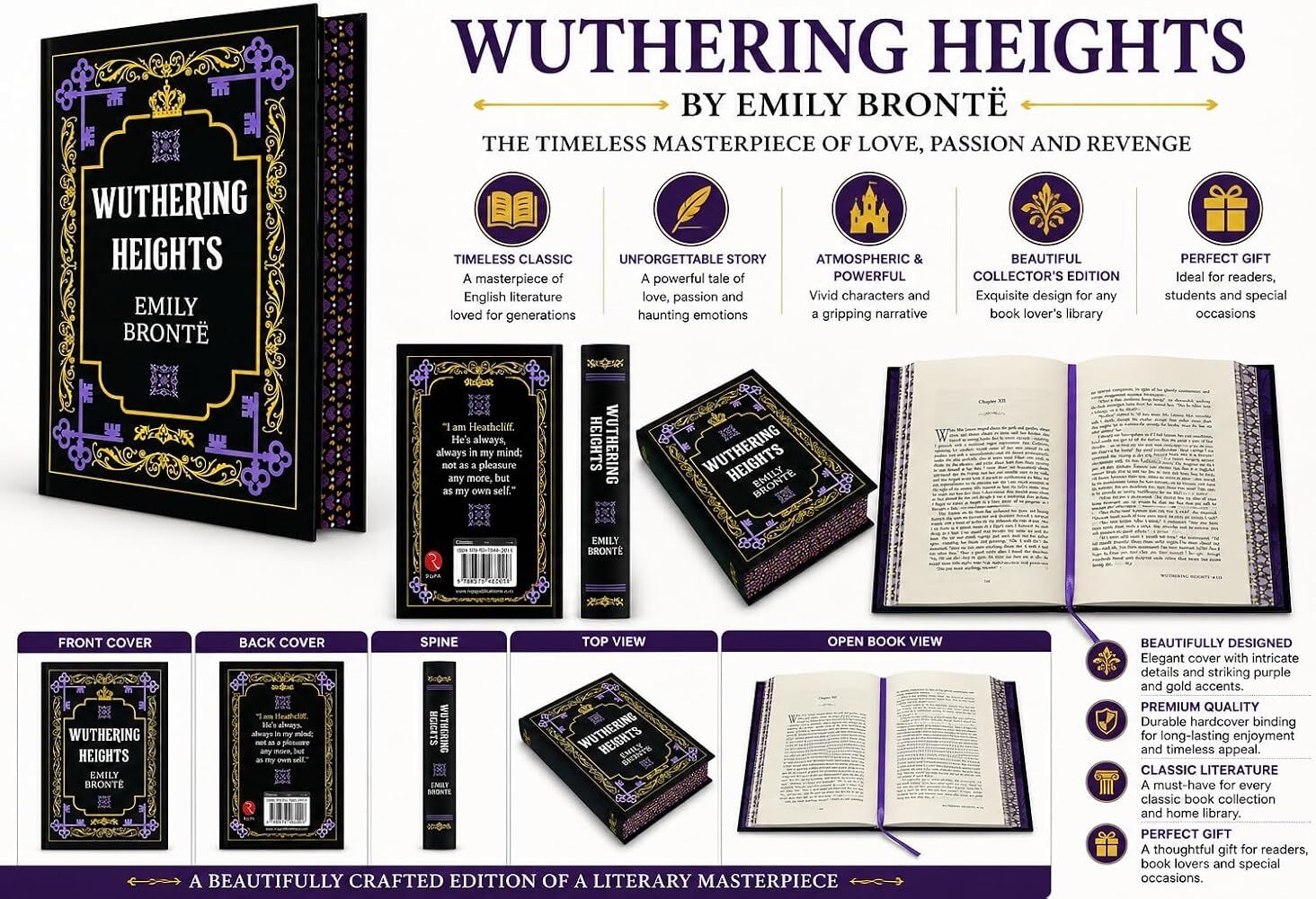Rupa Publications Wuthering Heights by Emily Brontë - Decorative Collectible Hardback Edition - Classic Gothic Romance - Ribbon Bookmark