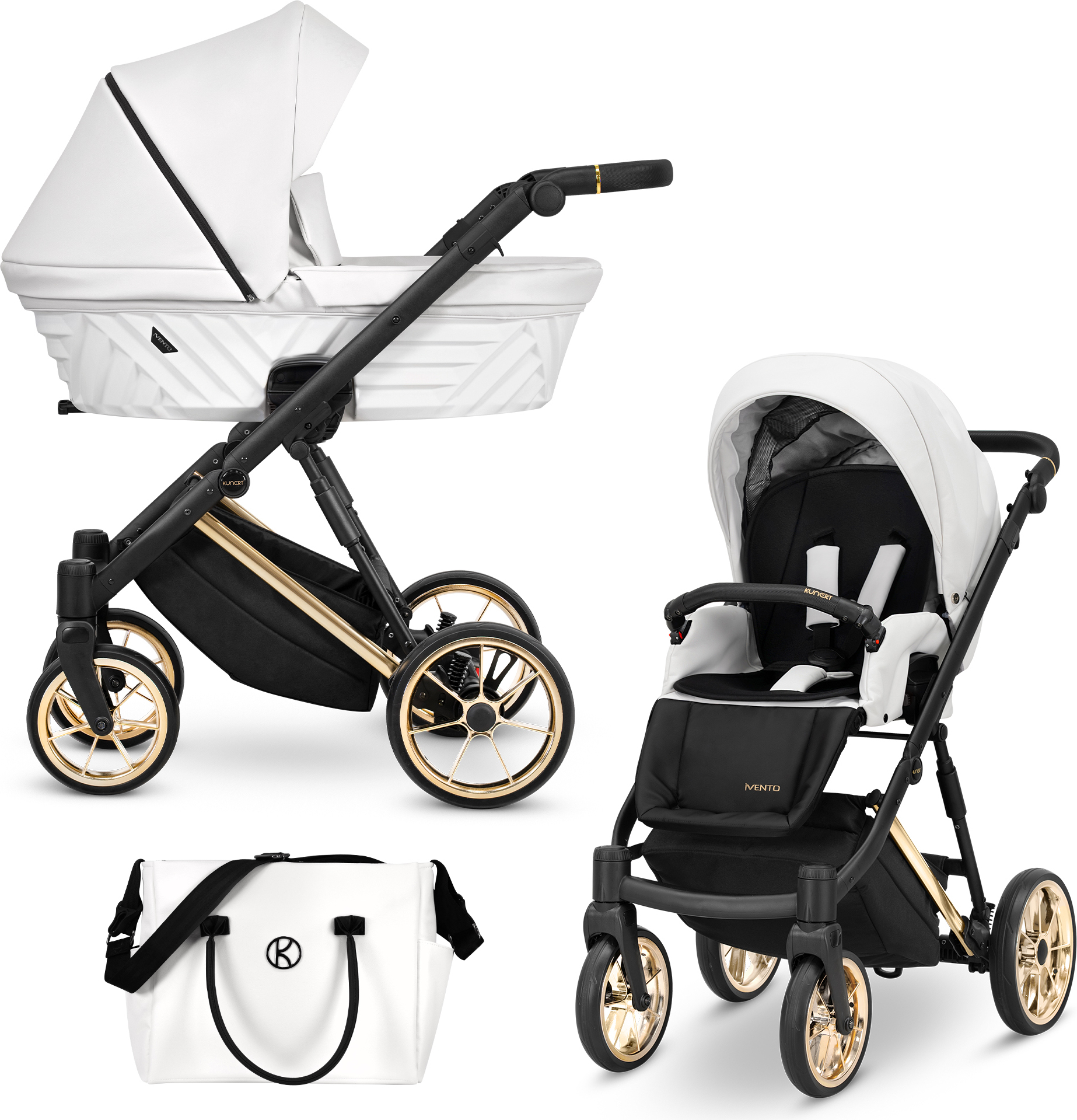 Kinderwagen IVENTO Sportwagen Babywagen Babyschale Komplettset Kinder Wagen Set 2 in 1 (White Pearl, Rahmenfarbe: Gold)