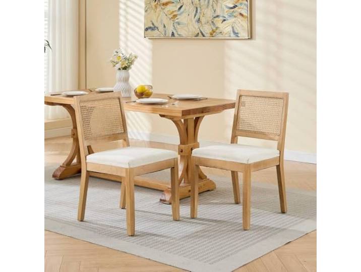 I0I&I0I Esszimmerstühle Holz 2er Set – Rattan Rückenlehne, Gepolsterter Leinenbezug, Bequeme Sitzfläche für Esszimmer und Wohnzimmer (Beige + Linen + Foam-1)