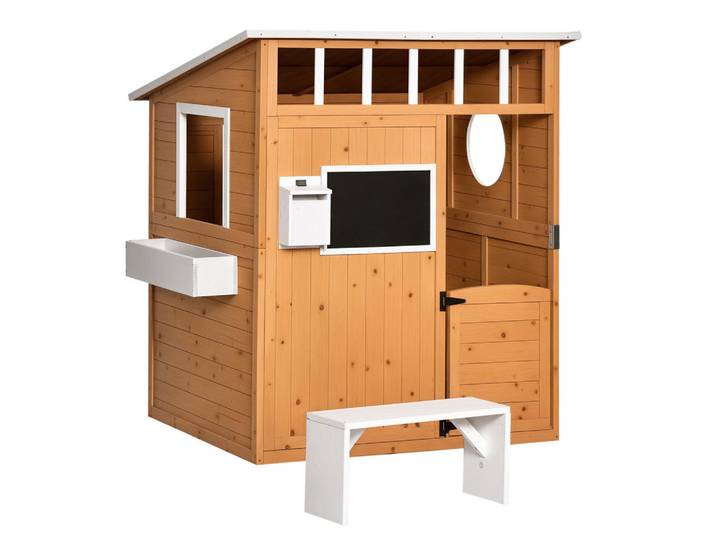 ComfortXL Spielhaus De-10651 mit Briefkasten & Blumenkasten aus Naturholz Natur, Naturfarben, 108x135.5x122 cm, Freizeit & Co, Gartenspielzeug, Spielhäuser