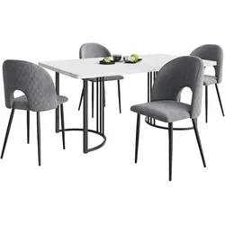 OKWISH Essgruppe 140x80x75 Esstisch mit 4 Samt-Stühlen Grau, Marmor-Muster MDF Tischplatte, Höhenverstellbare Metallbeine