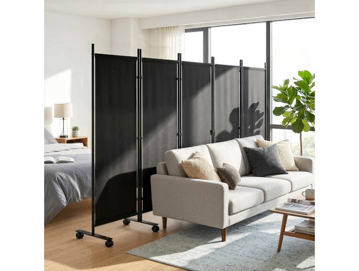 Outsunny Paravent 5 Panneaux Acier Noir Roulettes Clips Intérieur