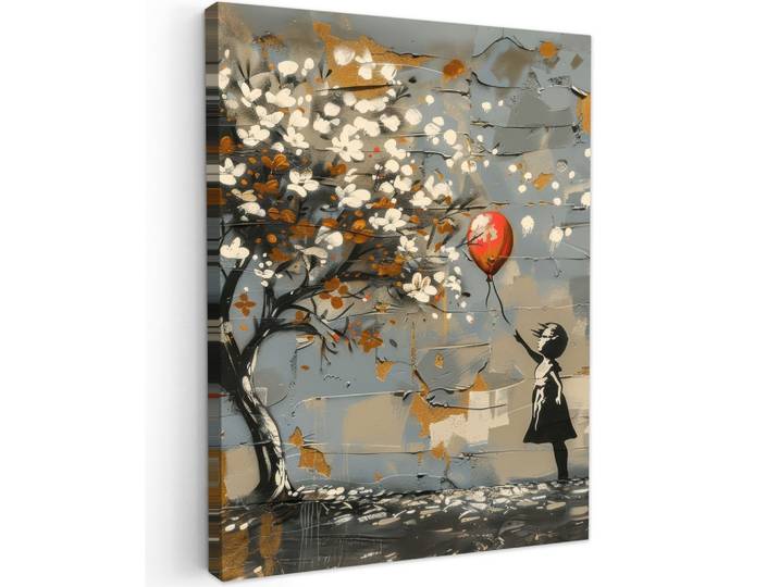 LEINWANDBILD Baum - Graffiti - Banksy-Stil - Ballon-Mädchen Wandbild Wohnzimmer 60x80 cm