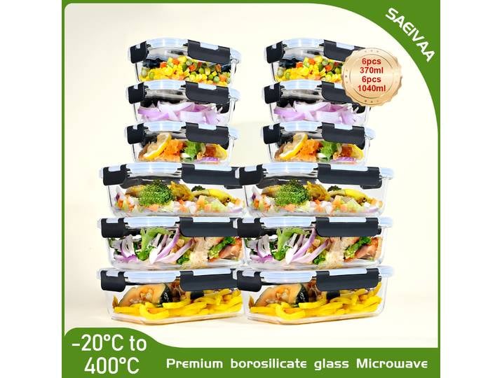 Ensemble de 12 conteneurs de stockage des aliments à couvercles, pots en verre de 370/1040ml, boîtes de rangement de cuisine avec couvercles serrés à l'air, sans BPA