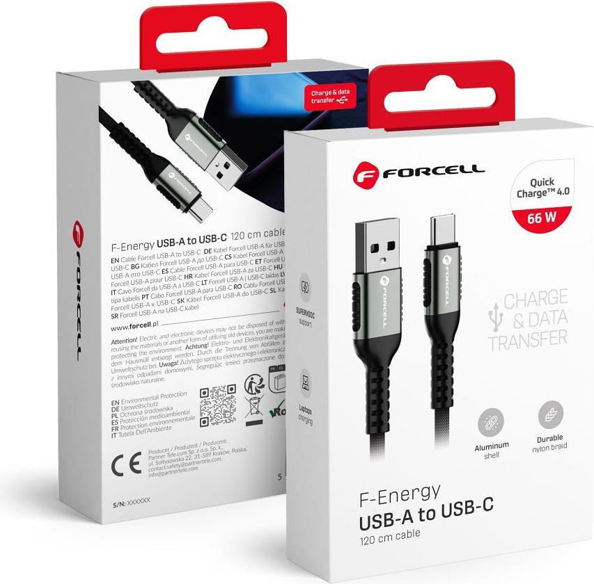 Forcell F-Energy C256 USB-A naar USB-C kabel, QC4.0, 3A, 66W, 1.2 meter, zwart