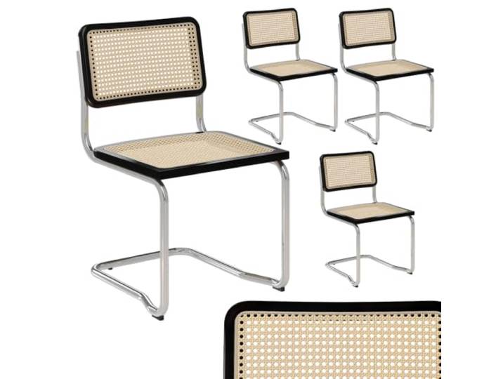 skølm Langhus Schwingstuhl 4er Set, Esszimmerstuhl, Holz & Rattanoptik Stuhl aus Gummibaum Holz & verchromten Metallgestell, Freischwinger Wiener Geflecht, Küchenstühle/Wohnzimmerstühle, Natur