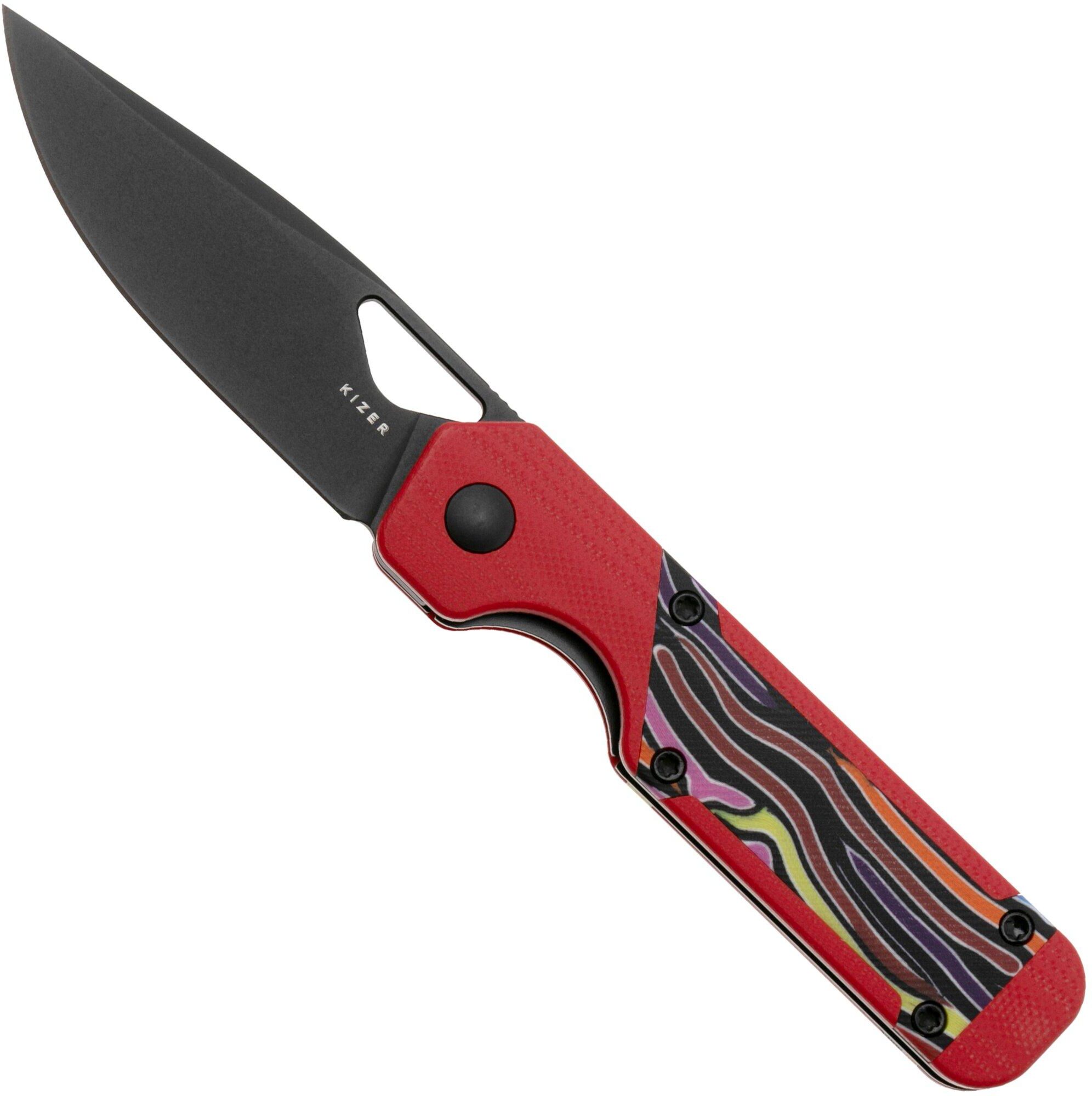 Kizer Vanguard Mini Militaw V3634SA2 Liner Lock, Black Nitro-V, Red G10, Multi-Colored G10 Inlay, coltello da tasca, Jonathan Styles design