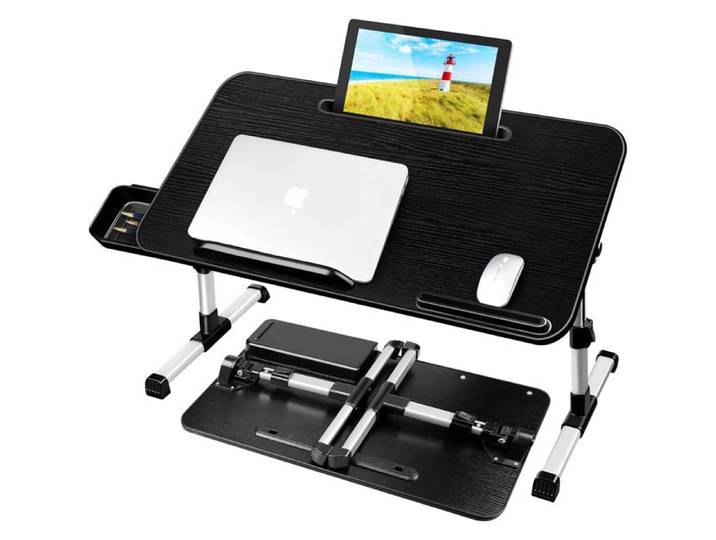 Table De Lit Ordinateur Portable 60x34Cm Pliable Hauteur Et Angle Réglables Avec Tiroir Et Fente Tablette Noir
