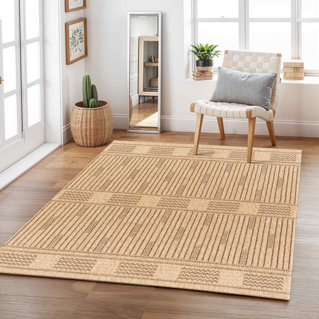Highland Dunes Klara Boho Jute-Look Beige Area Rug Striped Rectangle 117 x 166 cm