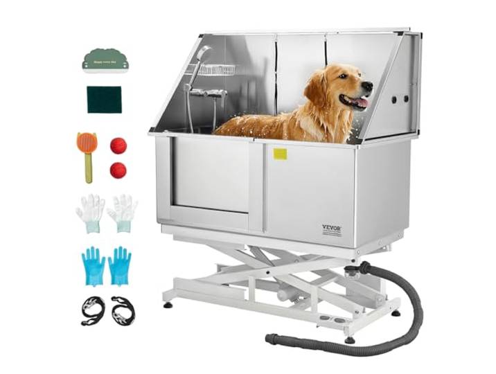 VEVOR Baignoire de Chien Acier Inoxydable\, Baignoire de Toilettage Électrique pour Animaux de Compagnie 127 cm Station de Lavage Chat\, avec Panneau Filtre Eau\, Robinet\, Pommeau de Douche\, Porte Gauche