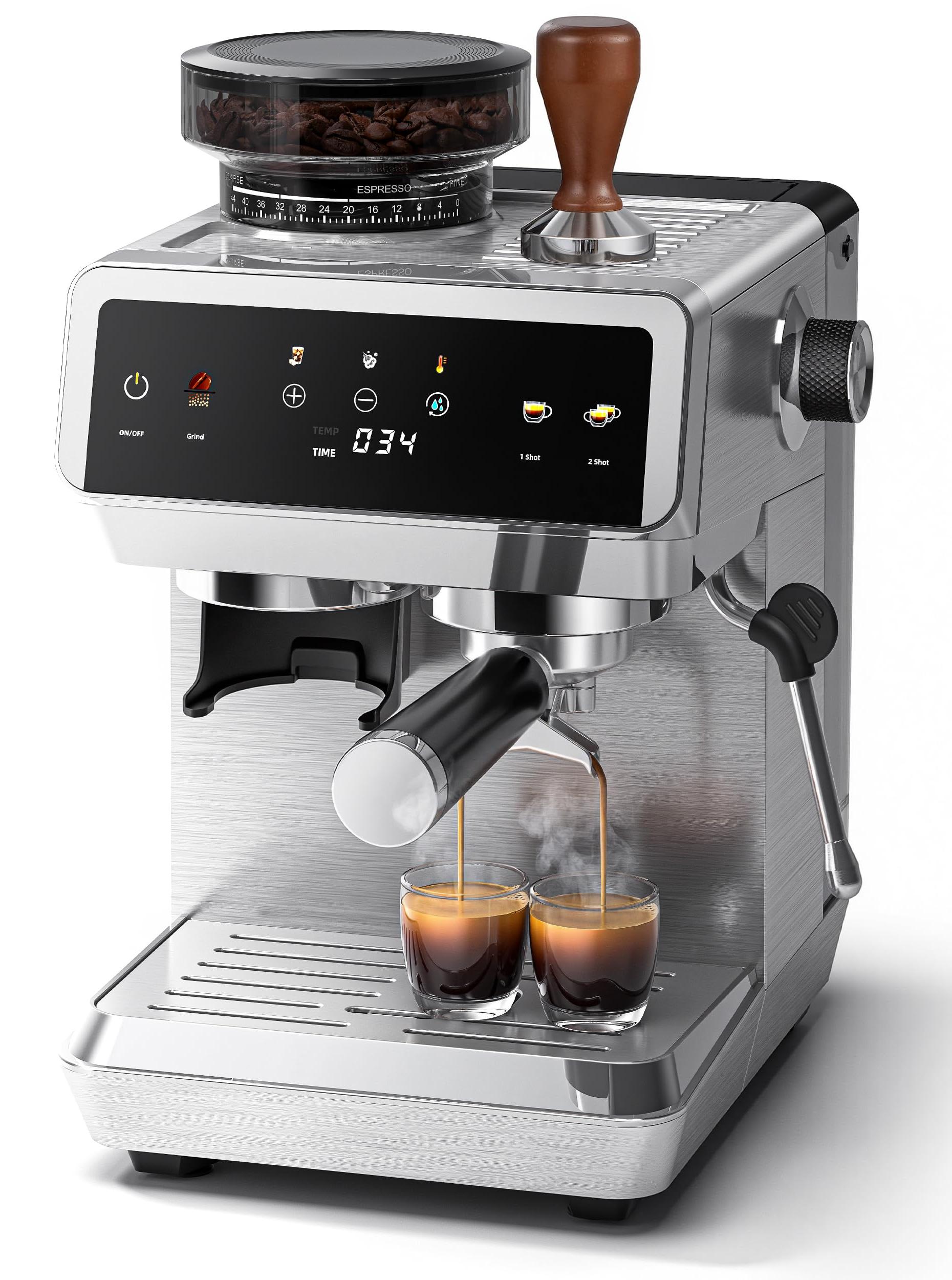 Espressomaschine mit Mühle, 20 bar, Edelstahl, 1,8 l Tank