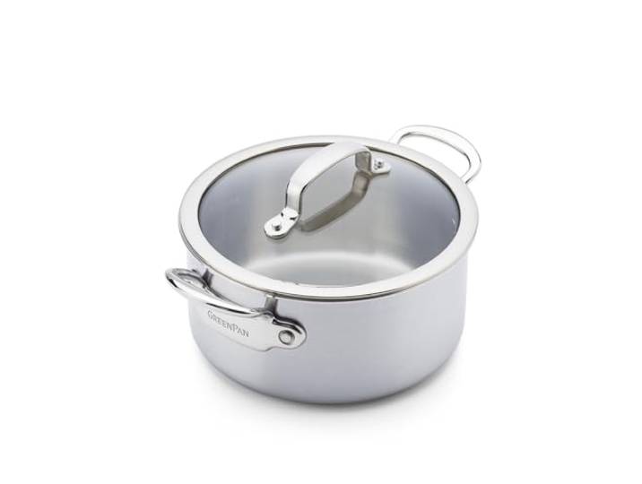 GreenPan Premiere 5PLY, 18/10-Edelstahl-Kasserolle mit Glasdeckel, 16 cm/1,58 l, Multiply, polierter Edelstahl, induktionsgeeignet, spülmaschinenfest, ofenfest, silber