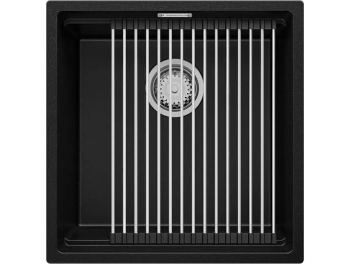 PRIMAGRAN Unterbauspüle ab 50er Unterschrank + Ablauf-Set, 46x47cm Set: Ablauf-Set (Siphon, Ablaufgarnitur, Überlauf) + Abtropfmatte + Spülbecken 1 Becken - Prag Level, Schwarz
