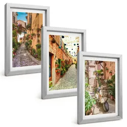 BILDER SET 3er Set - 20x30 cm Silberner Rahmen - Straßen, Blumen, italienisches Flair