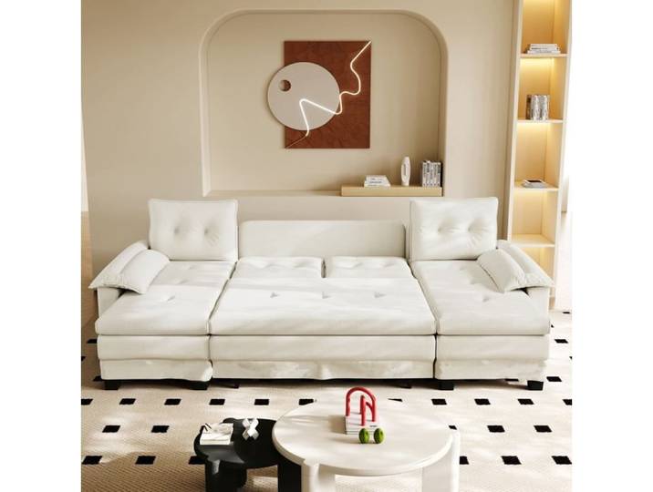 WUVRIE Canape convertible en U 278 cm avec lit tiroir USB accoudoirs amovibles chenille beige