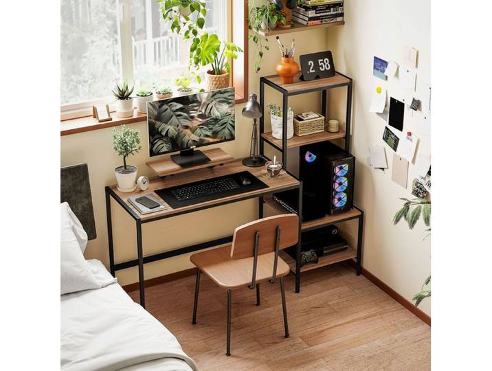 Bureau informatique Marron 150 x 48 x 125 cm avec étagères support écran support CPU et structure métal noir