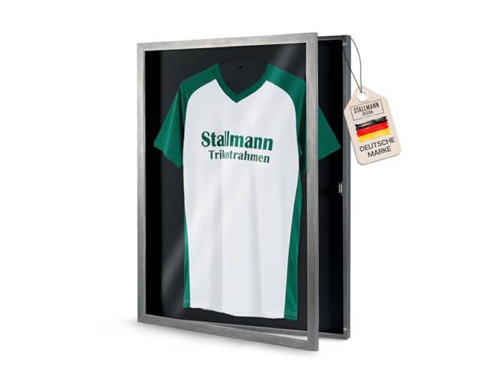 Stallmann Design Trikotrahmen 'Easy Click & Fill' mit Tür Rahmen-Farbe: Stahl Hintergrund: Schwarz Größe: 70 x 90 cm hochwertige und leicht zu befüllende Vitrine für Trikots