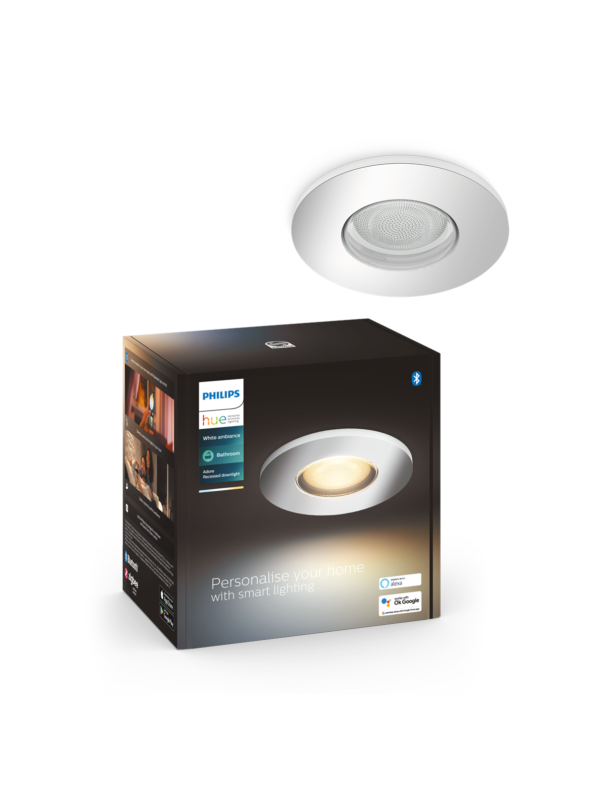 Philips Hue Adore Bathroom Recessed Downlight - with Hue Dimmer switch