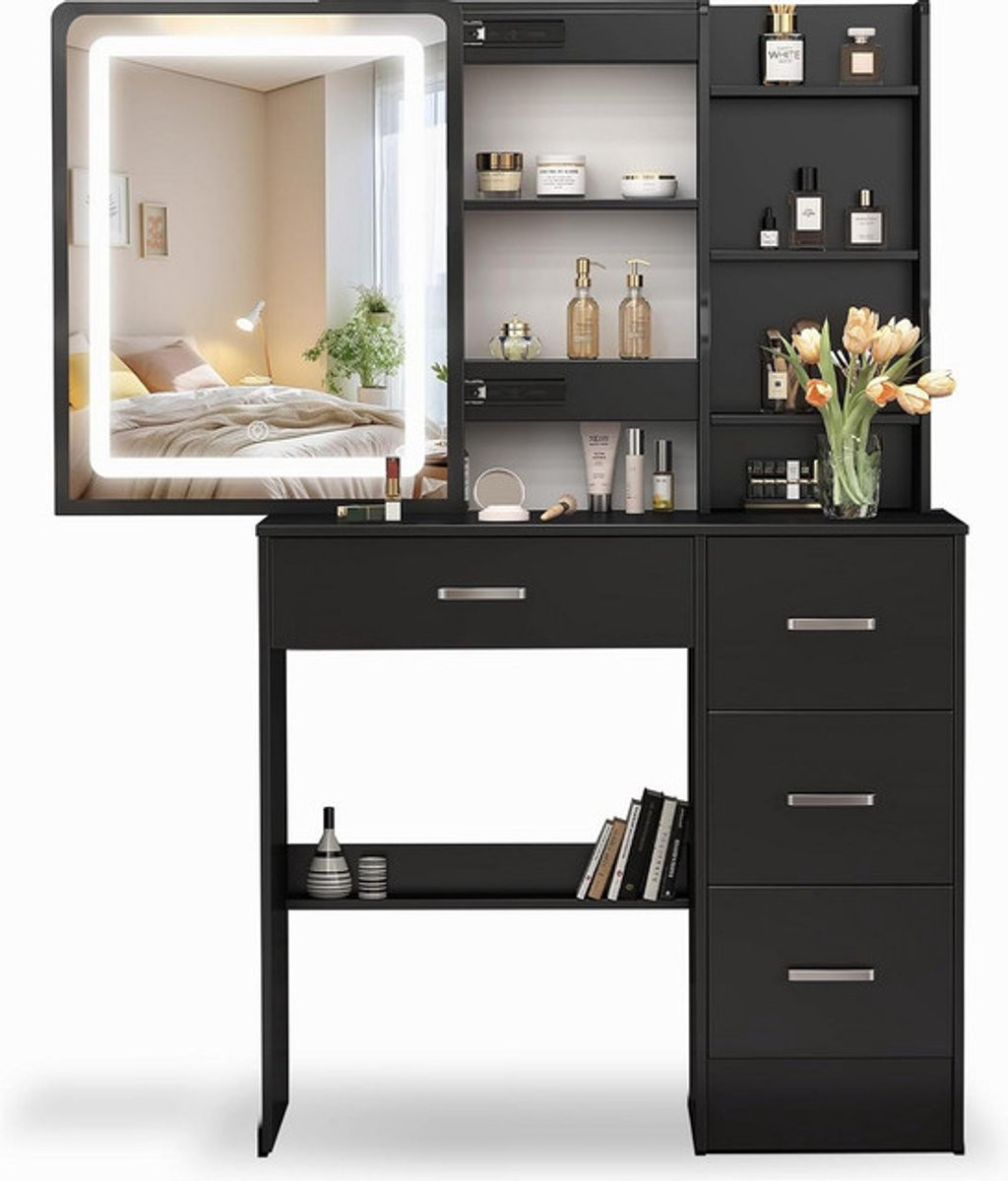 Sierra Make-uptafel met professionele LED-verlichting en uitschuifbare spiegel, zwart, Breedte: 80 cm