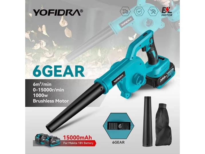 Yofidra souffleur électrique sans brosse 6 vitesses sans fil feuille neige poussière soufflage outil électrique de nettoyage pour Makita 18V batterie broche