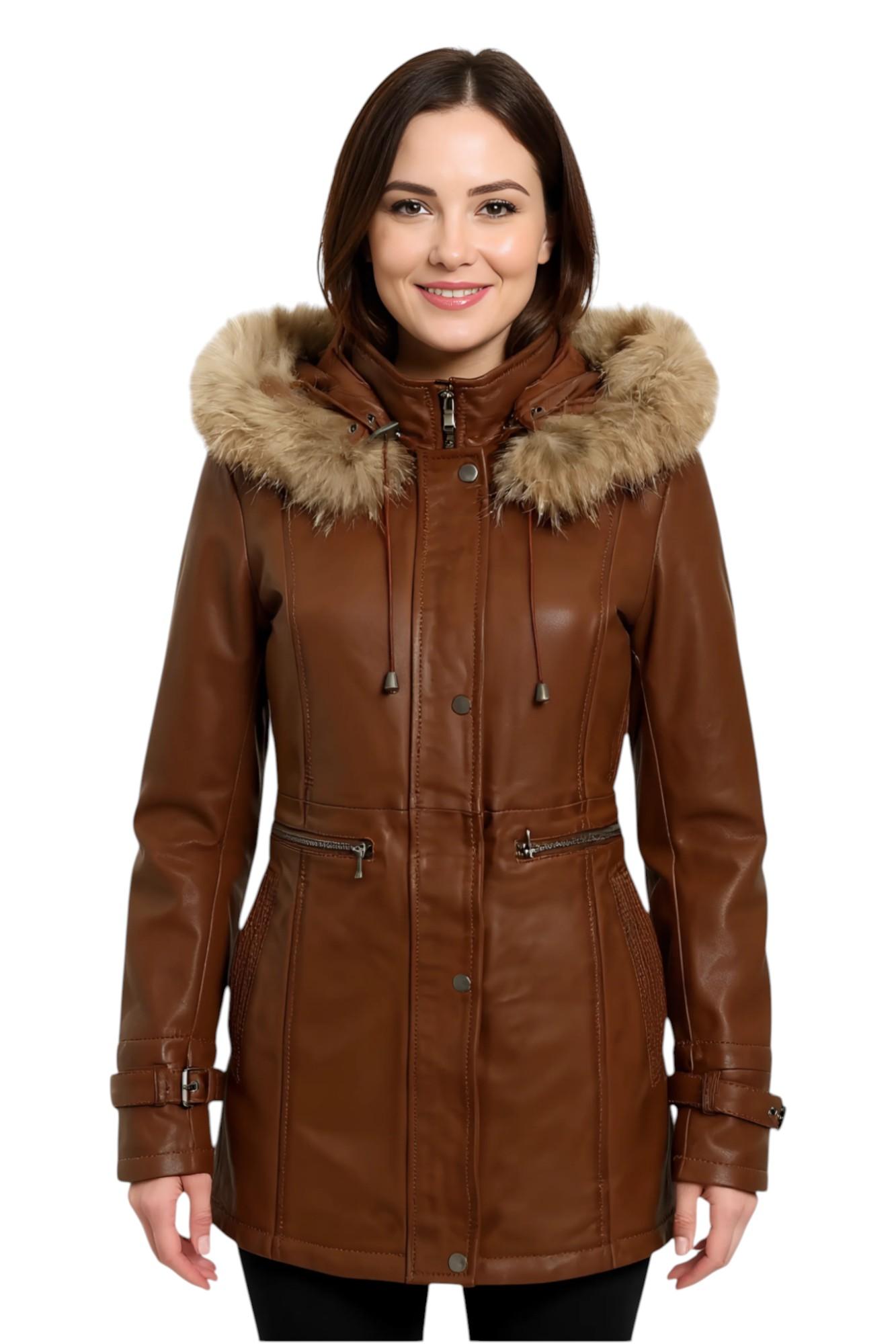 Damen Parkajacke aus hellbraunem Leder mit Kapuze – Charleville