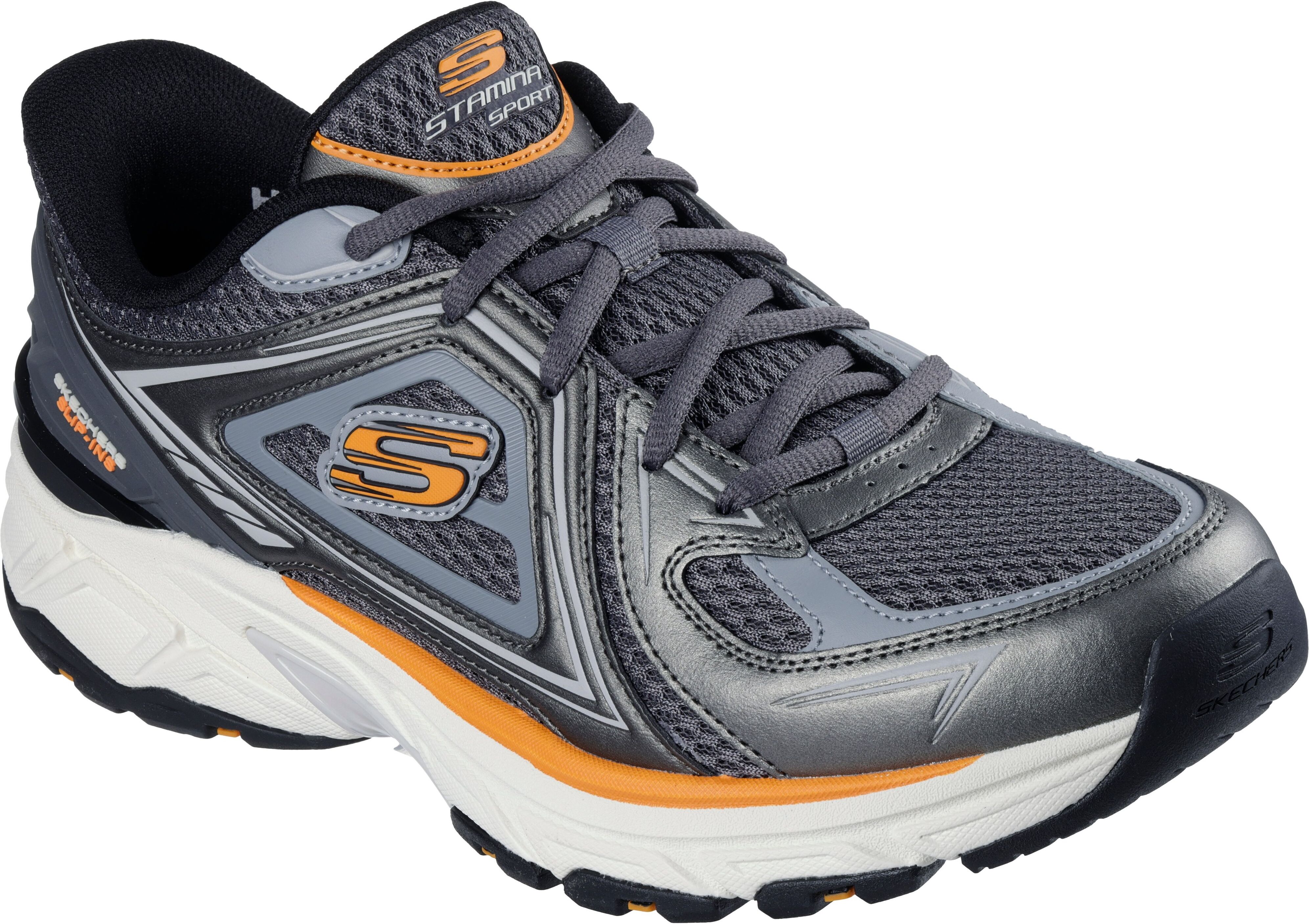 Slip-On Sneaker SKECHERS "STAMINA SPORT", Herren, Gr. 48,5, Textil, grau (dunkelgrau), Leder, Mesh, Schuhe Slip-On Sneaker, Trainingsschuh, Retro Sneaker mit Slip-ins dunkelgrau 48,5, Textil
