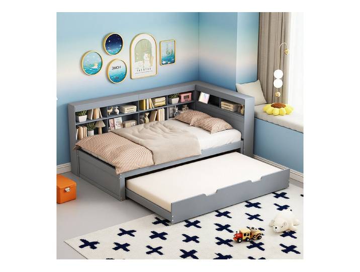 MODFU Kinderbett mit ausziehbarem Bett 90x190 (Kinderbett mit USB-Ladeanschluss & Stauraum, Holzbett 90x200 & 90x190 cm), ohne Matratze