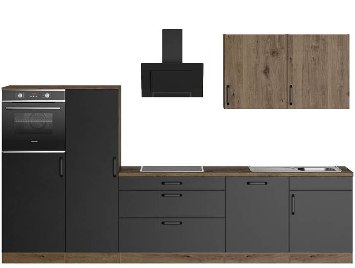 Küchenzeile WIHO KÜCHEN Elba , schwarz (küche: schwarz, korpus: halifax eichefarben braun, arbeitsplatte: halifax eichefarben braun), B:330cm T:60cm, Komplettküchen-Sets, Küchenzeile, wahlweise mit Hanseatic E-Geräten, Breite 330 cm