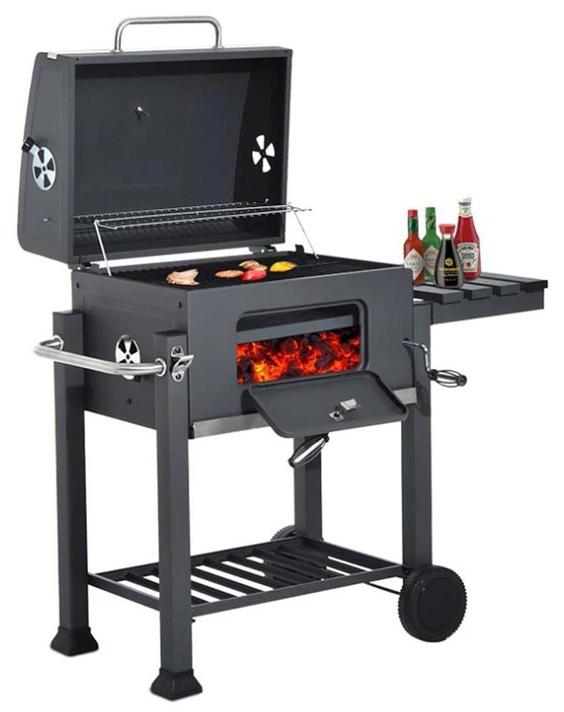 Holzkohlegrill - Grillwagen - Grillfläche 56 x 41,5 cm - Mit Deckel - Integriertem Thermometer - Edelstahlgriff - Grillrost - Schwarz