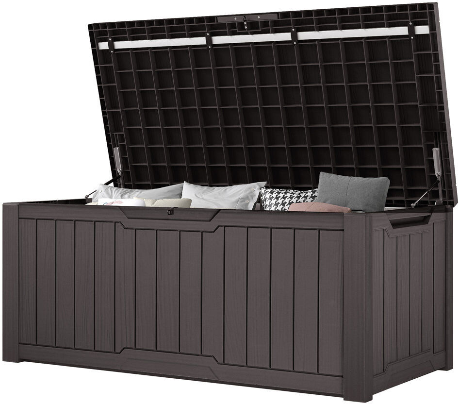 Balconera 450L Lockable Garden Storage Box,Large Deck Box Brown 60cm H X 67.6cm W X 142cm D