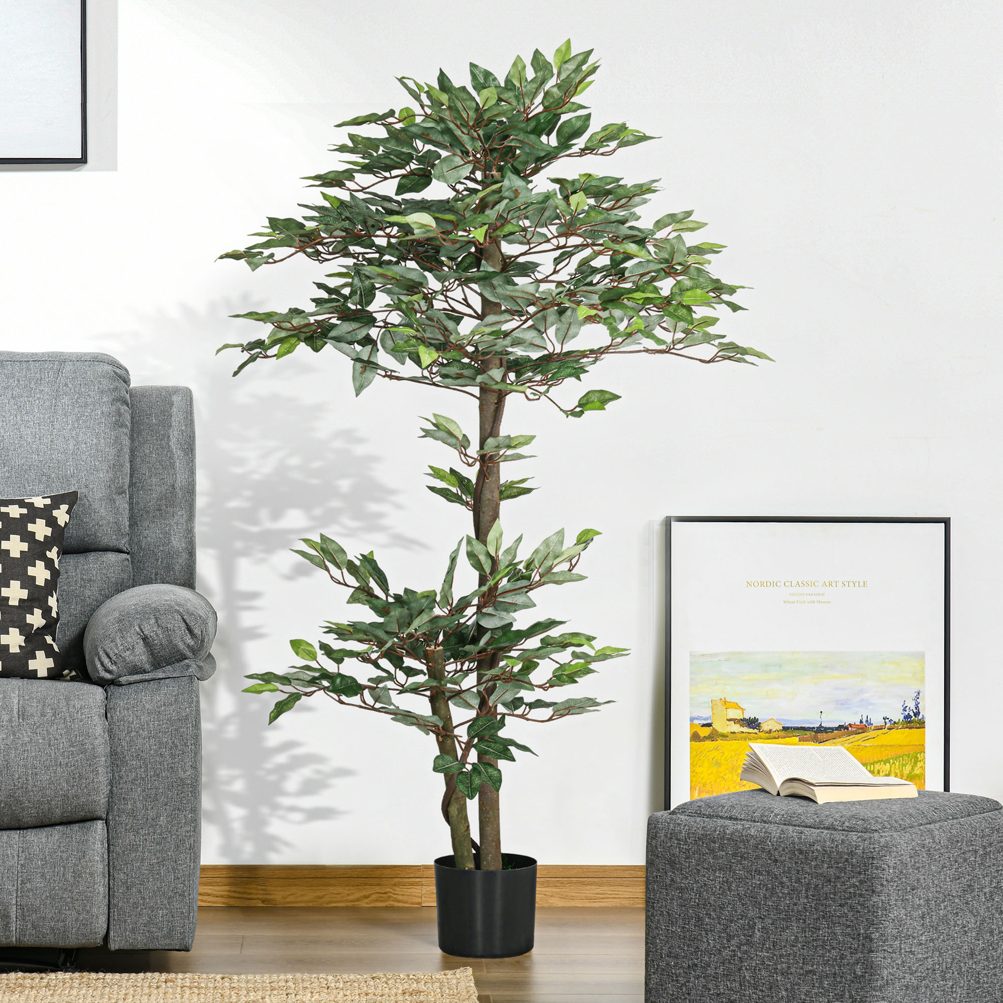 Outsunny Albero Artificiale Pianta Artificiale ficus Altezza 1,5 m Tronco Ramificazioni Rampicanti Lichen Foglie Grande realismo Vaso Incluso
