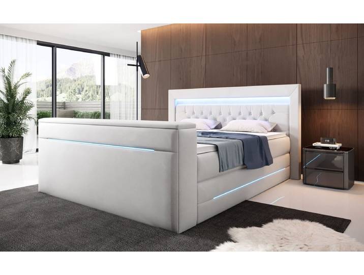 Boxspringbett Neptun mit TV Lift und RGB - Weiß - 140x200 - H4 (100kg+) - Luxusbetten24