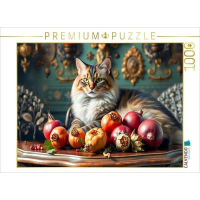 CALVENDO Puzzle Katze auf Gründerzeit-Tisch mit reifem Obst | 1000 Teile Lege-Größe 64x48cm Foto-Puzzle für glückliche Stunden