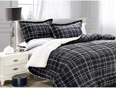 Elegant Comfort 3-Piece Plaid Pattern Sherpa-Backing Reversible Comforter Set