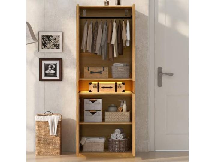 BXEYXE Kleiderschrank 70 × 55 × 180 cm, Mit Beleuchteten Fächern, LED-Leuchte, Großem Stauraum Und Bereich Zum Aufhängen Von Kleidung, Einzelkleiderschrank, Holzfarbe
