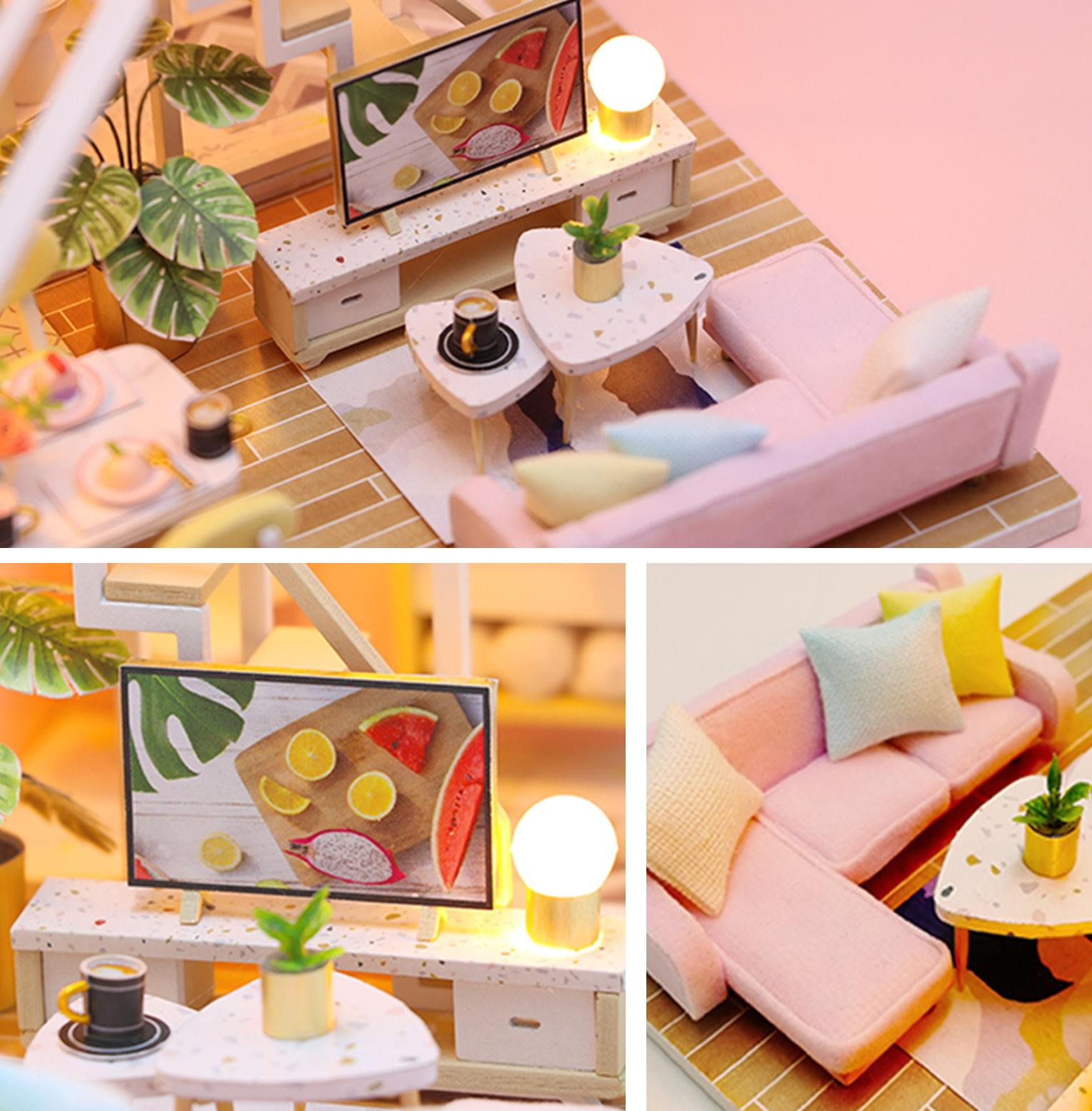 Gistuch Houten bouwpakket poppenhuis miniatuur met meubels, LED-verlichting en muziek