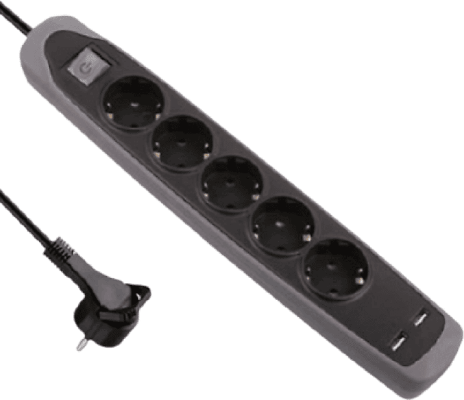 Regleta - Electraline 62156 5T+2Usb, Plana, Cable de 2 m, Negro