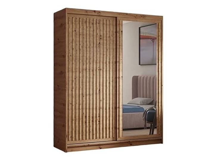 Margaret Hadas24 Kleiderschrank Dora mit Lamellen und Spiegel, Organizer, Mehrzweckschrank, Schwebetürenschrank, Garderobenschrank, Kleiderstange, Kleiderständer, Schrank, 100 cm, braun