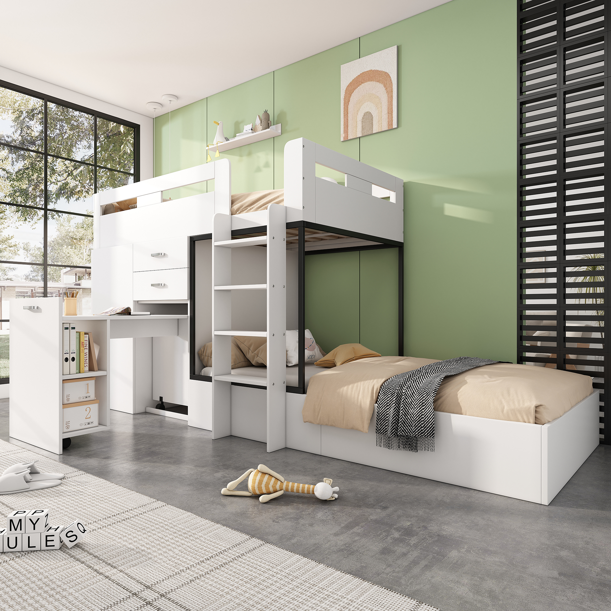 Merax Etagenbett 90x200cm mit ausziehbarem Schreibtisch, Hochbett mit Schubladen und Kleiderschrank, Kinderbett mit Leiter, Jugendbett Stockbett Weiß