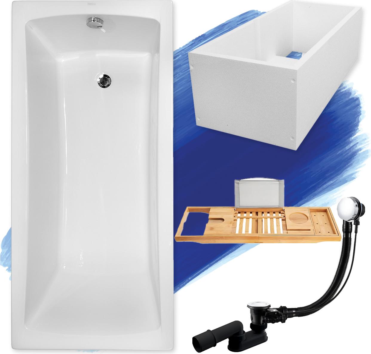 Badewanne Rechteck Set 5in1 150x70 mit Premium Ablaufgarnitur und Füßen GRATIS + Wannenträger + Bambus Holzablage | BADLAND OPTIMAZ