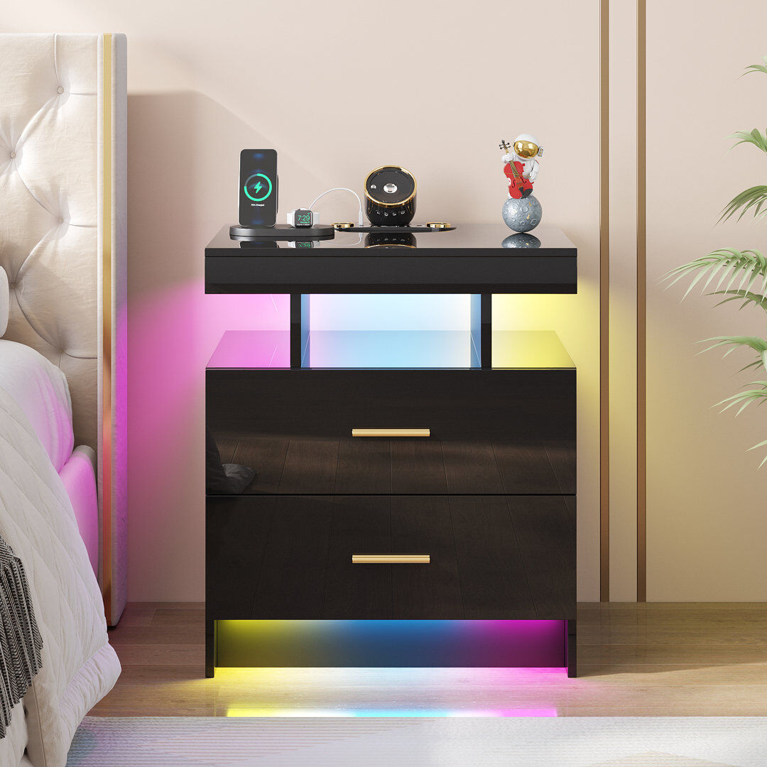 Metro Bedside Table with RGB Sensor Lights, Starlight Projections, Charging Station, Bluetooth and Speaker Black 58cm H X 50cm W X 40cm D