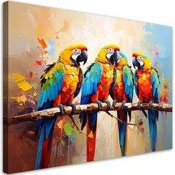 LEINWANDBILD Bunte Papageien Vögel auf einem Ast 90x60cm