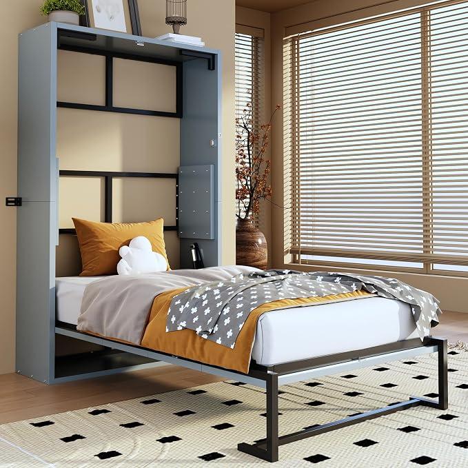 Schrankbett 90x200 cmGrau Mit Verriegelbarer Wandbefestigung Klappbett Aus Metall Und MDF Bettgestell Mit Klappmechanismus Einzelbett Für Gästezimmer Apartment Und Homeoffice