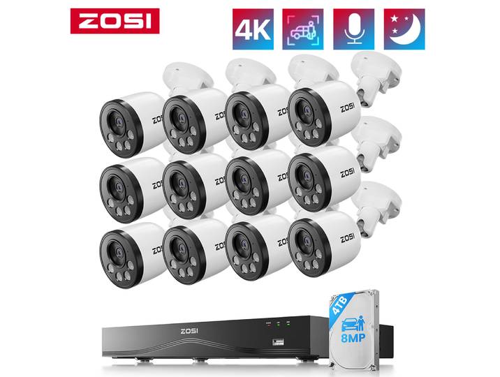 Système de caméras de sécurité ZOSI 16CH 4K, NVR CCTV 16 ports 32 canaux, enregistrement 24/7, 4 To, caméras PoE de surveillance intérieures et extérieures 8MP