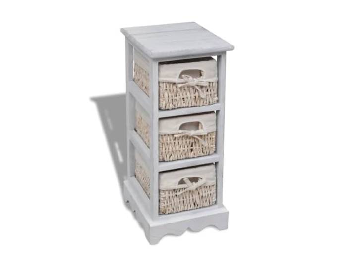 KUPTYERFG Holz Schränkchen mit 3 Flechtkörben 25x28x58cm Weiß Stilvolles Beistellregal im Landhausdesign mit drei Körben für Schlafzimmer, Flur und kleine Nischen.