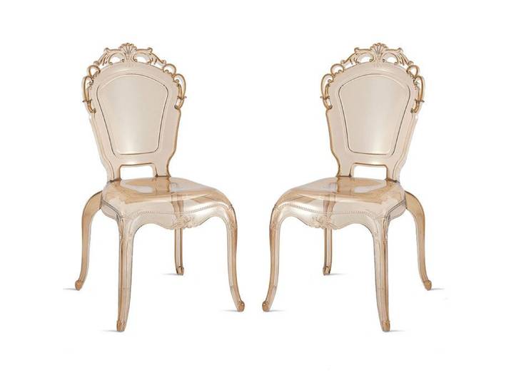 Lot de 2 chaises en polycarbonate transparent design baroque revisité idéales pour espaces élégants – Maya/Champagne