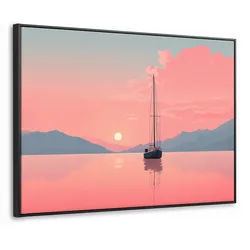 LEINWAND Bilder mit Rahmen - Segelboot - Rosa Meer - Sonnenuntergang - Berge - 70x50