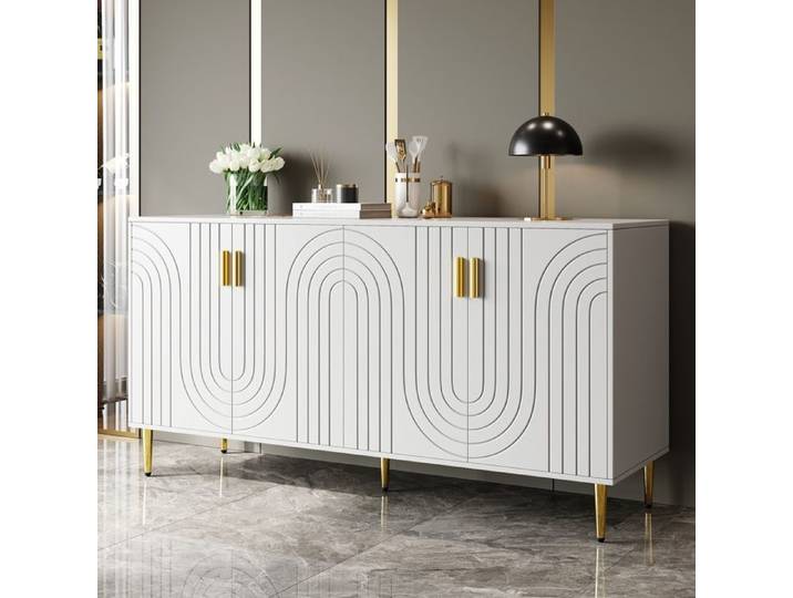 Buffet de Cuisine avec 4 Portes Poignées Pieds Dorés Meuble d'Entrée Armoire de Rangement Structure Stable 152x40x75cm Blanc