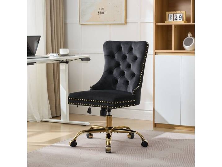 Chaise de bureau - DREAMMESPACE - Réglable - Velours noir - Piètement métal doré - 63x50x98cm